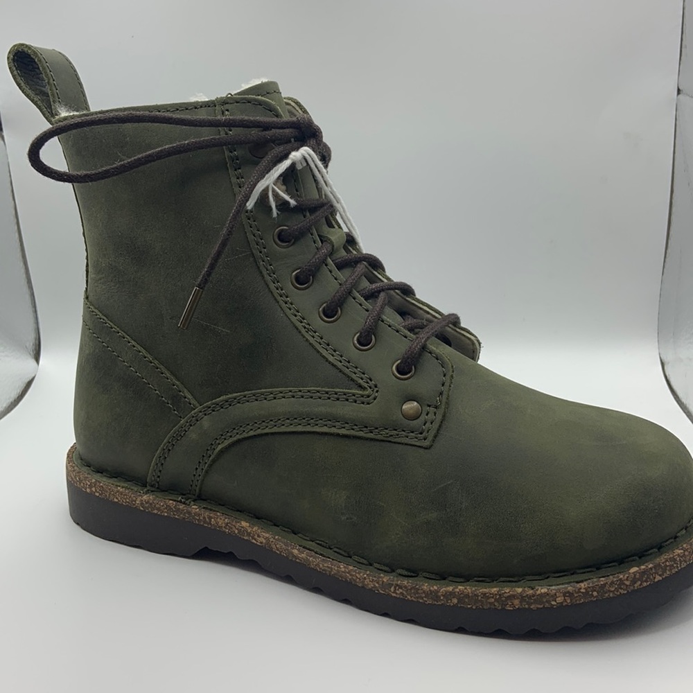 Birkenstock NEW leather green boots women real lamb fur